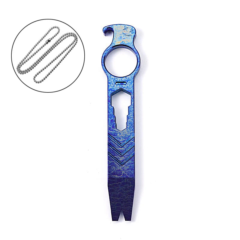 Pé de cabra multifuncional em liga de titânio com corrente para o pescoço, abridor de garrafas, chave inglesa, ferramenta de sobrevivência para atividades ao ar livre, equipamento EDC para camping, presente para homens.