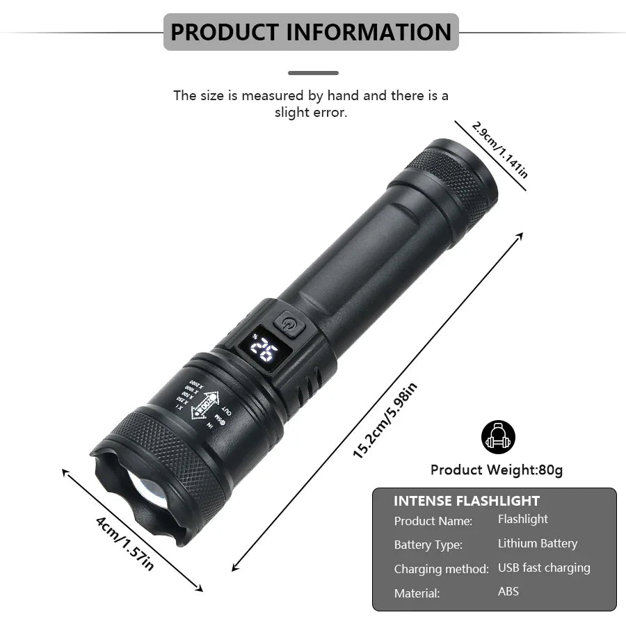 Lanterna LED de alta potência 2000LM, lanterna tática com visor, carregamento USB, para camping, pesca e emergências. Possui zoom.
