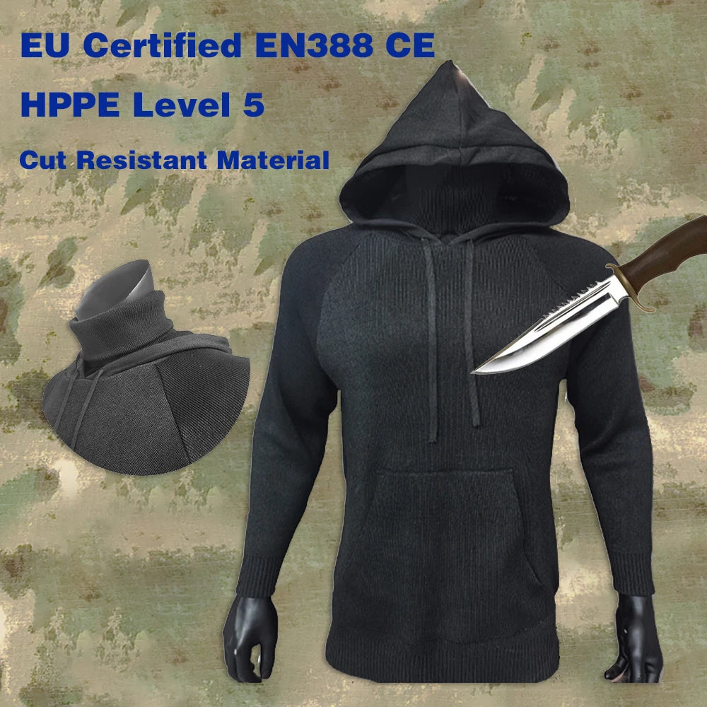Roupa com capuz e proteção para o pescoço, nível 5 de proteção contra cortes, em conformidade com as normas EN388 e CE da UE. Ideal para atividades ao ar livre, autodefesa e resistência a cortes.