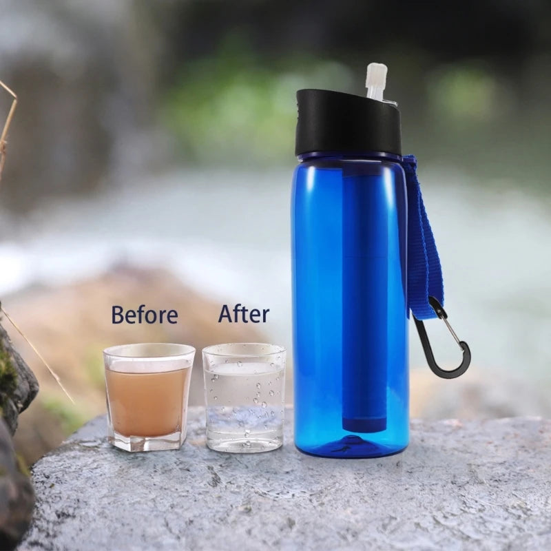 Garrafa de água de 650ml para camping, sobrevivência e emergências, com filtro de água. Purificador de água esportivo com filtro.