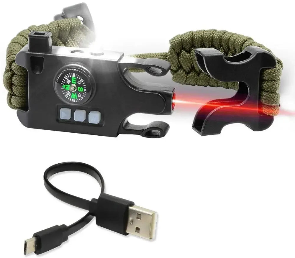 Pulseira tática de sobrevivência com laser, infravermelho, lanterna LED SOS, lâmpada UV, bússola, apito de resgate e kit de equipamentos de emergência.