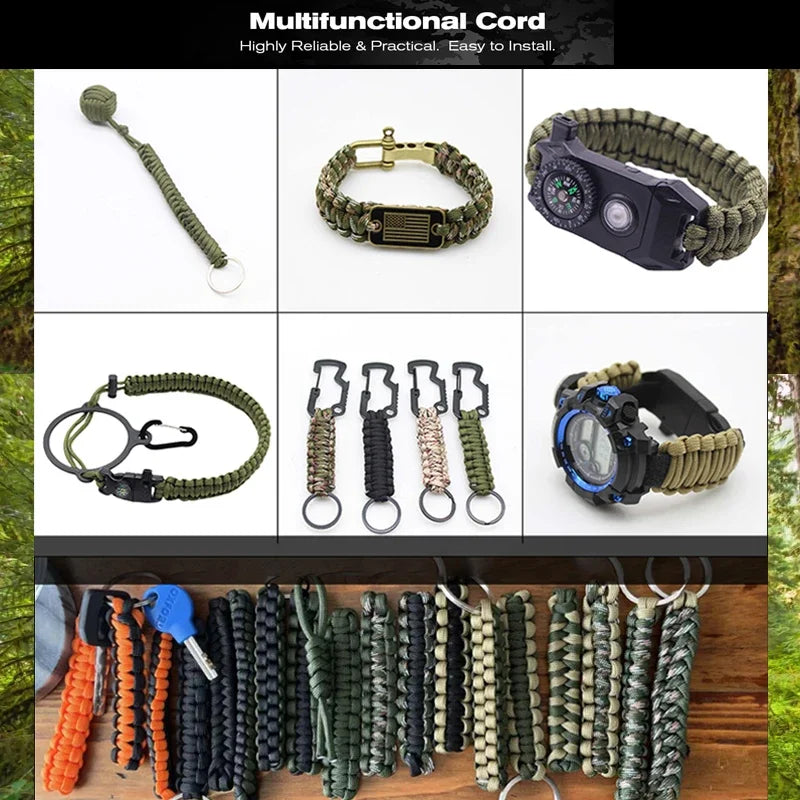 Corda de paracord militar 550, 100 m, 50 m, 31 m, 7 fios, 4 mm, corda de paraquedas, equipamento de sobrevivência para camping e atividades ao ar livre, confecção de pulseiras, corda para barraca.