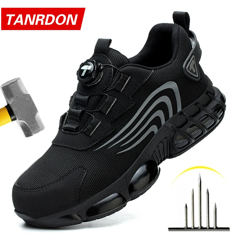 Sapatos de segurança masculinos com fecho rotativo, resistentes a impactos e perfurações, calçados esportivos modernos e profissionais de segurança.