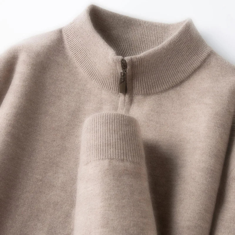 Suéter 100% lã merino australiana, 350g, gola alta grossa com zíper, térmico e respirável.