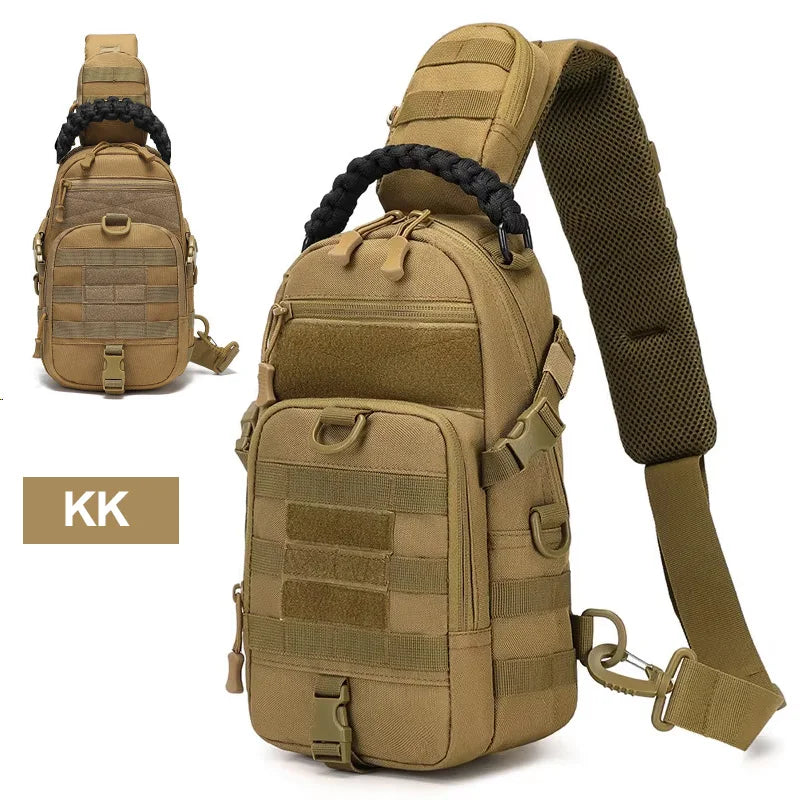 Mochila tática masculina para camping, ideal para esportes, caminhadas, escaladas, ciclismo, pesca e viagens. Possui sistema MOLLE e é perfeita para usar no ombro.