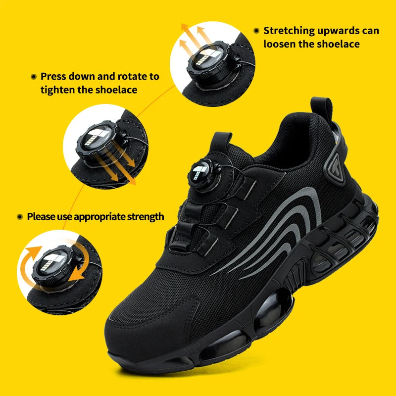 Sapatos de segurança masculinos com fecho rotativo, resistentes a impactos e perfurações, calçados esportivos modernos e profissionais de segurança.