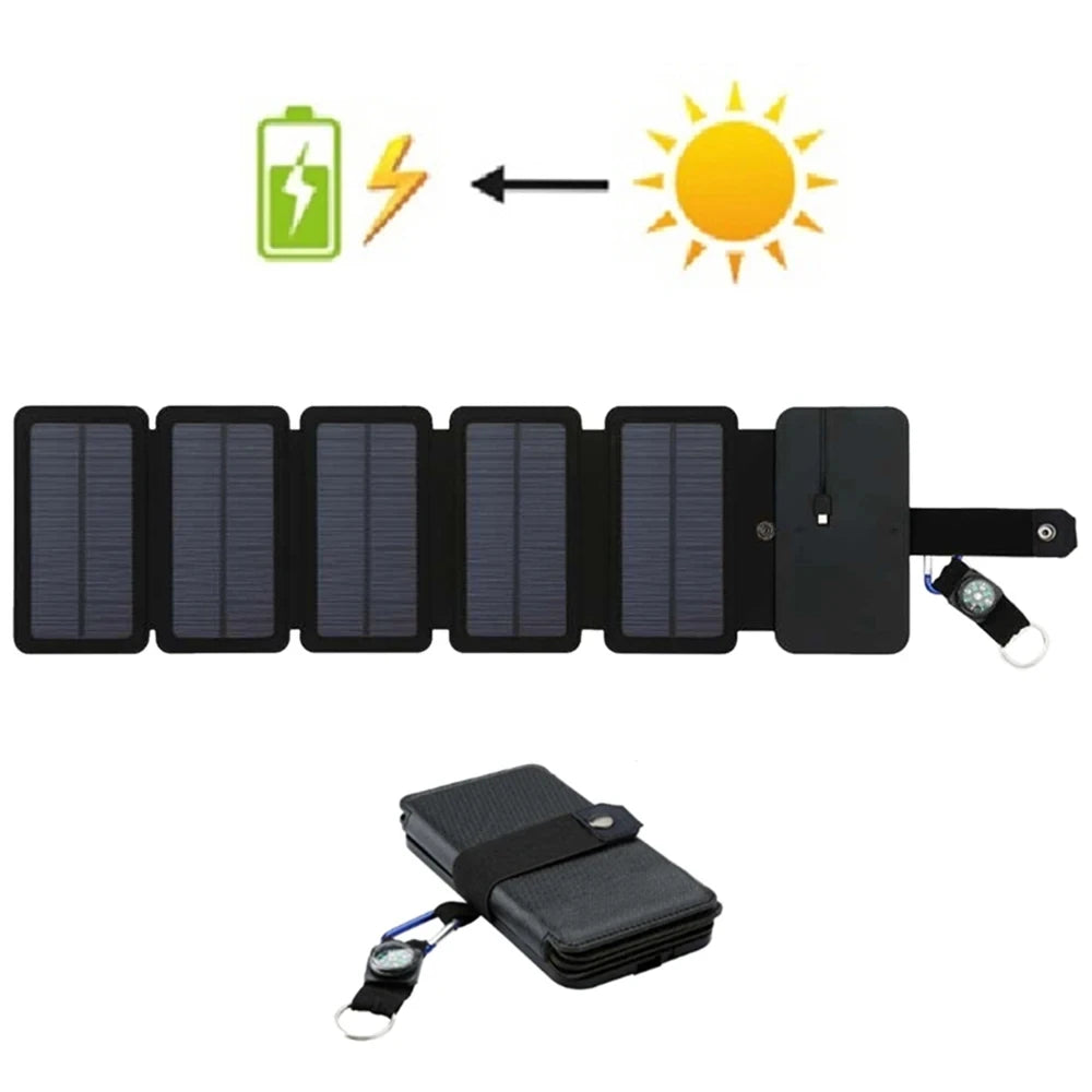 Carregador solar portátil dobrável para camping, trilhas, mochilão e viagens, ideal para carregar smartphones. Saída USB de 5V 2.4A.