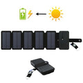 Carregador solar portátil dobrável para camping, trilhas, mochilão e viagens, ideal para carregar smartphones. Saída USB de 5V 2.4A.