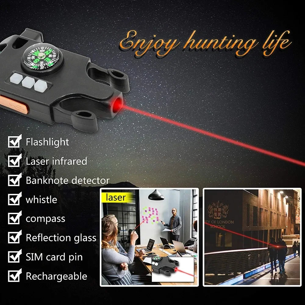 Pulseira tática de sobrevivência com laser, infravermelho, lanterna LED SOS, lâmpada UV, bússola, apito de resgate e kit de equipamentos de emergência.