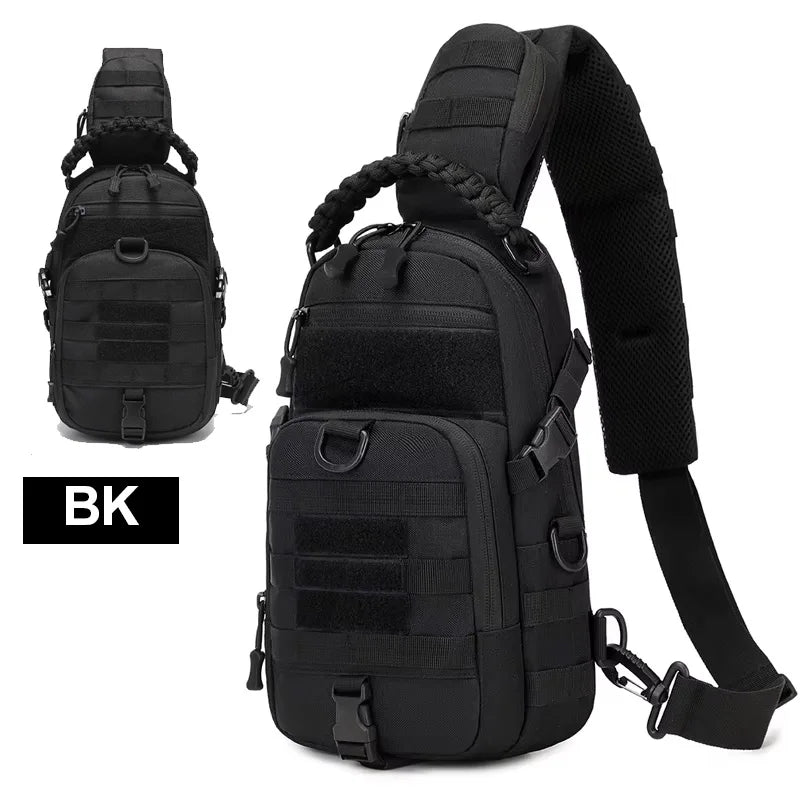 Mochila tática masculina para camping, ideal para esportes, caminhadas, escaladas, ciclismo, pesca e viagens. Possui sistema MOLLE e é perfeita para usar no ombro.
