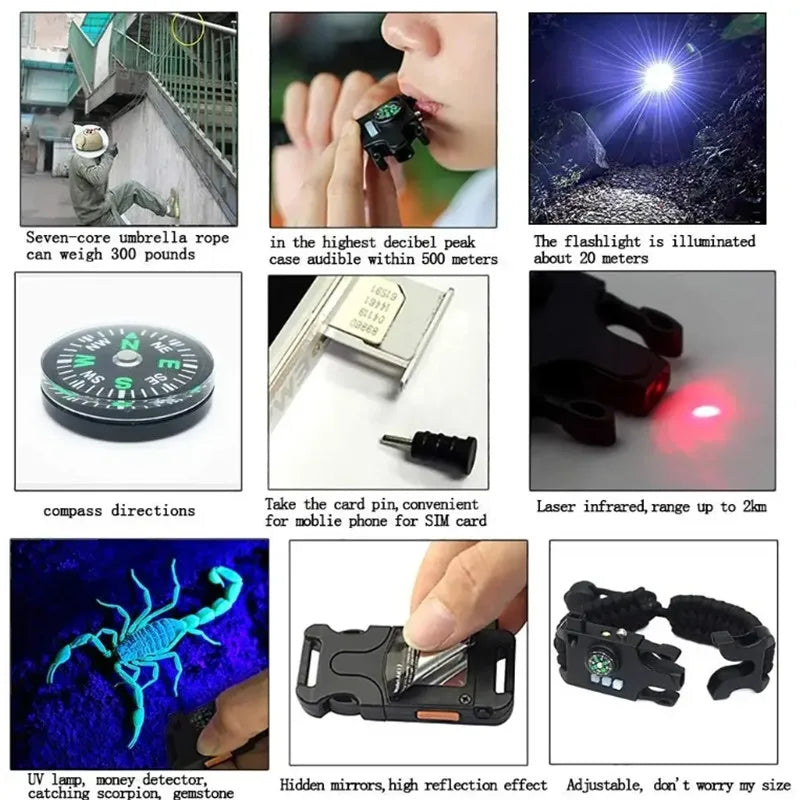 Pulseira tática de sobrevivência com laser, infravermelho, lanterna LED SOS, lâmpada UV, bússola, apito de resgate e kit de equipamentos de emergência.