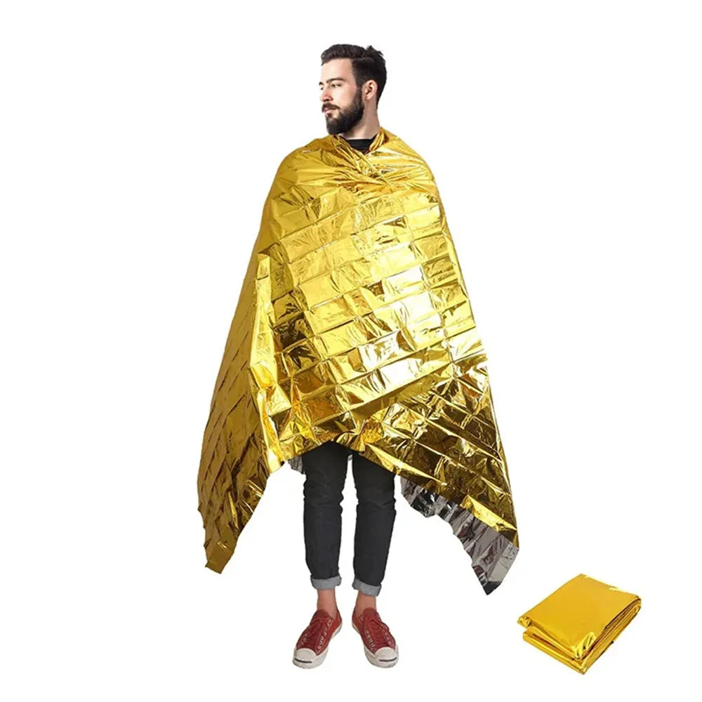 Cobertor de emergência para atividades ao ar livre, kit de primeiros socorros e resgate, à prova de vento, impermeável e com revestimento térmico de alumínio, ideal para camping e trilhas.