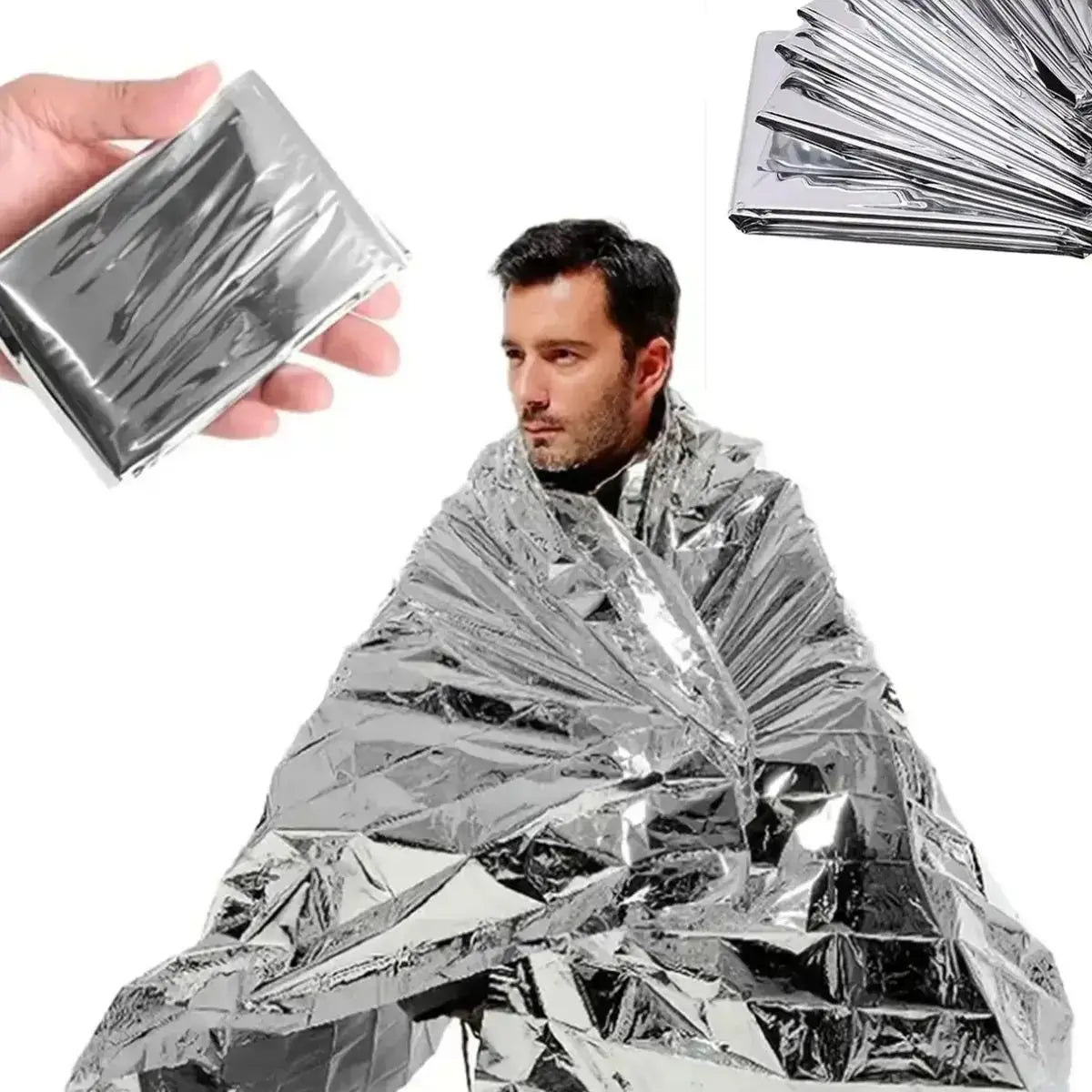 Cobertor de emergência para atividades ao ar livre, kit de primeiros socorros e resgate, à prova de vento, impermeável e com revestimento térmico de alumínio, ideal para camping e trilhas.