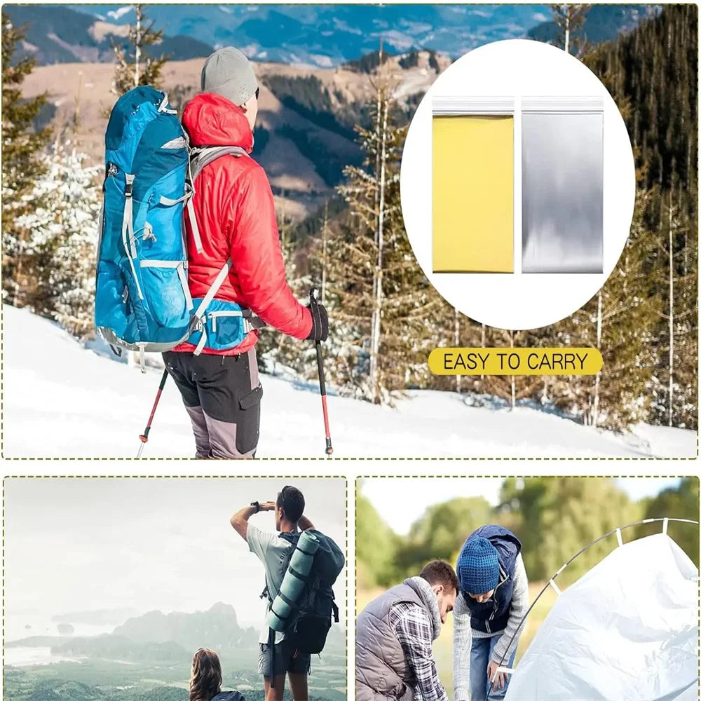 Cobertor de emergência para atividades ao ar livre, kit de primeiros socorros e resgate, à prova de vento, impermeável e com revestimento térmico de alumínio, ideal para camping e trilhas.