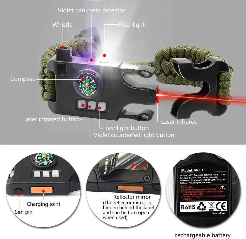 Pulseira tática de sobrevivência com laser, infravermelho, lanterna LED SOS, lâmpada UV, bússola, apito de resgate e kit de equipamentos de emergência.