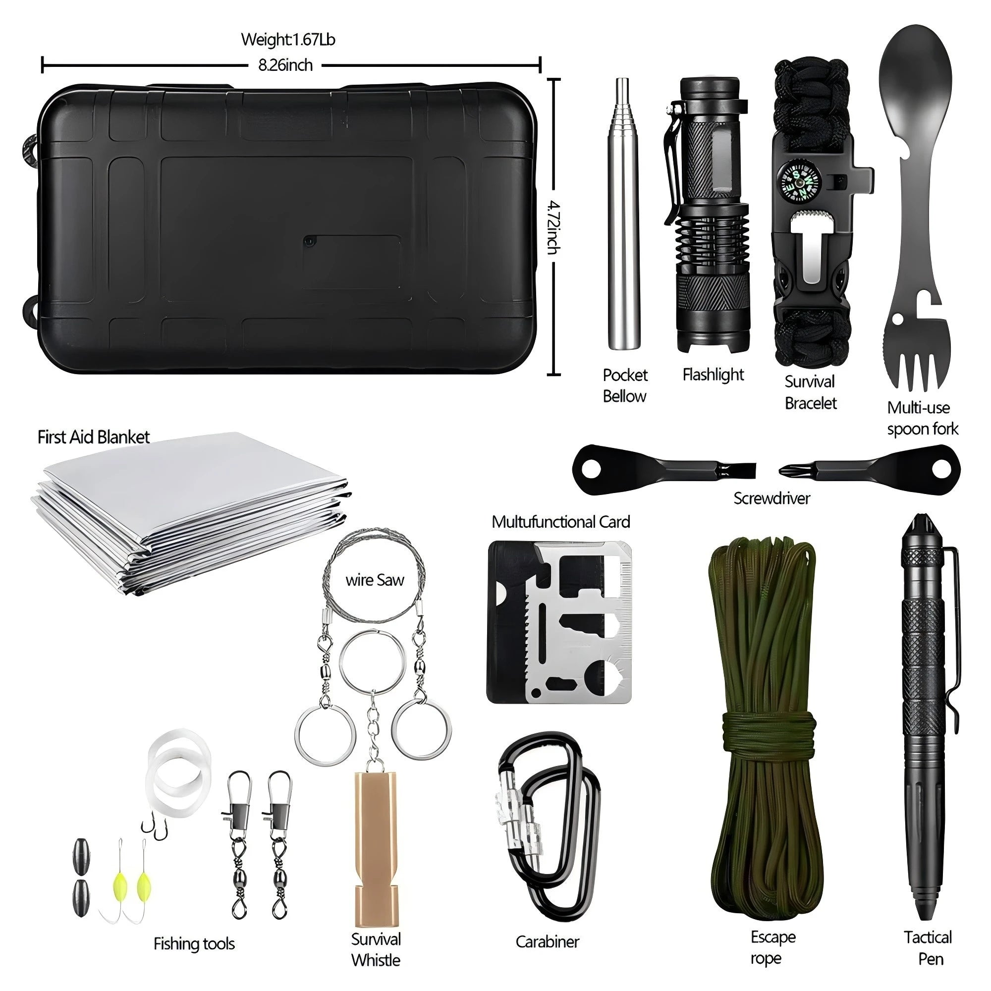 Kit de sobrevivência profissional para emergências, equipamento multifuncional de defesa tática para camping, primeiros socorros, SOS e aventuras na natureza.