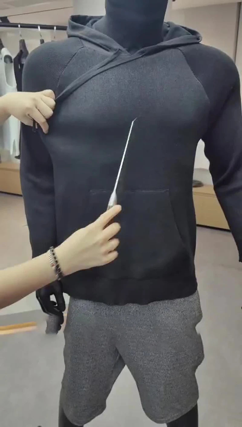 Roupa com capuz e proteção para o pescoço, nível 5 de proteção contra cortes, em conformidade com as normas EN388 e CE da UE. Ideal para atividades ao ar livre, autodefesa e resistência a cortes.