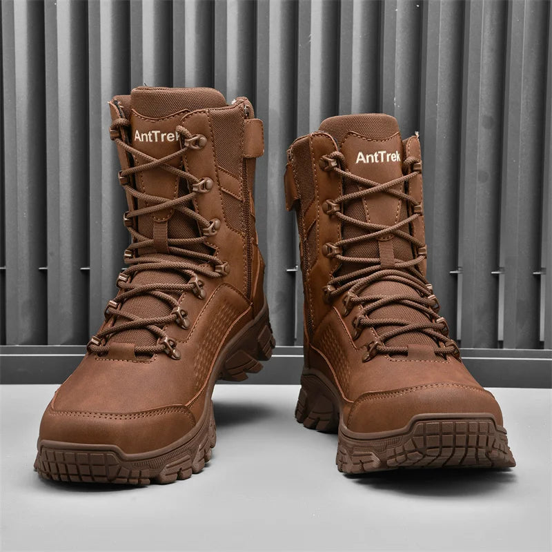 Botas de cano alto tamanho grande para homem, botas táticas militares de treinamento, impermeáveis e antiderrapantes para uso externo em montanhas e desertos.