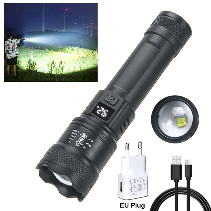 Lanterna LED de alta potência 2000LM, lanterna tática com visor, carregamento USB, para camping, pesca e emergências. Possui zoom.