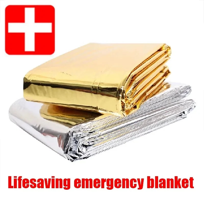 Cobertor de emergência para atividades ao ar livre, kit de primeiros socorros e resgate, à prova de vento, impermeável e com revestimento térmico de alumínio, ideal para camping e trilhas.
