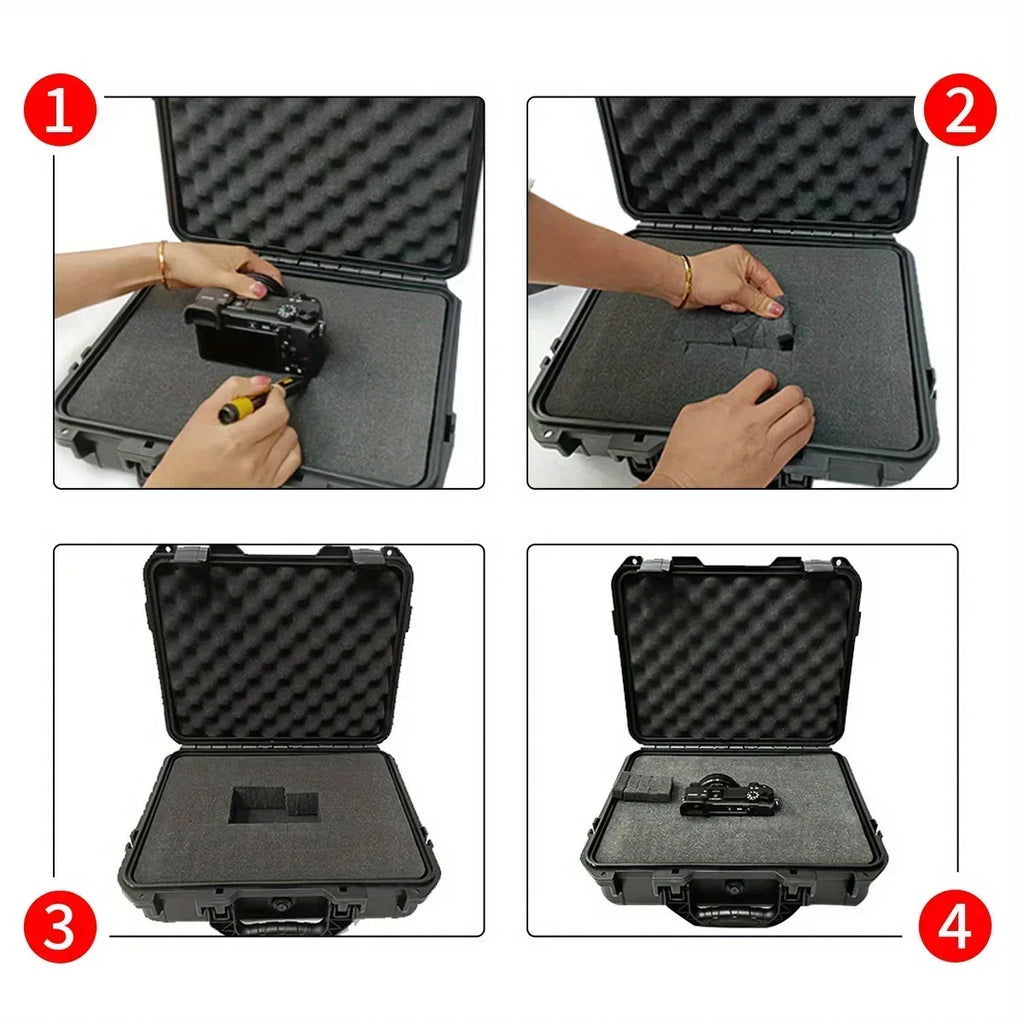 1 bolsa de ferramentas manual rígida e impermeável com compartimento de esponja pré-cortado, chassi de condução não tripulado resistente a impactos.