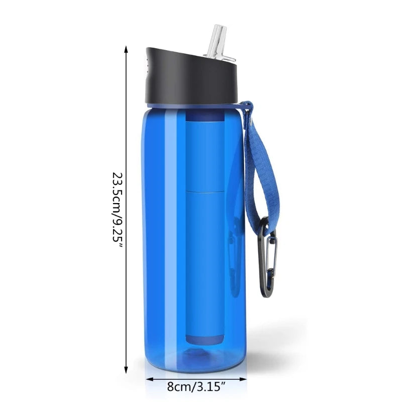 Garrafa de água de 650ml para camping, sobrevivência e emergências, com filtro de água. Purificador de água esportivo com filtro.