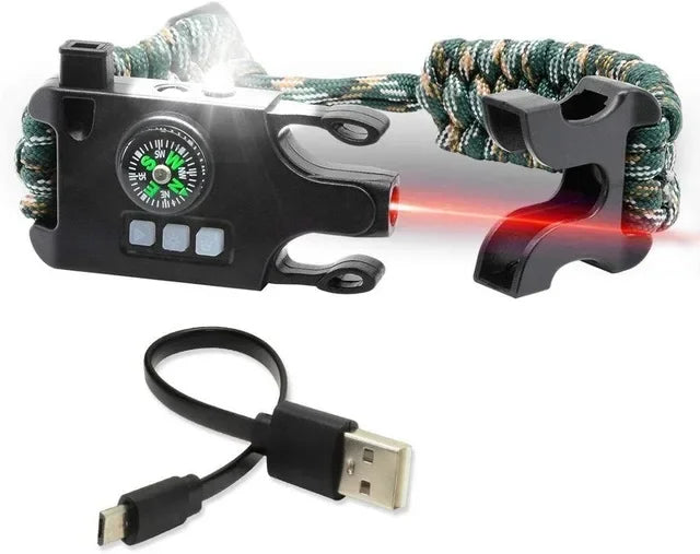 Pulseira tática de sobrevivência com laser, infravermelho, lanterna LED SOS, lâmpada UV, bússola, apito de resgate e kit de equipamentos de emergência.