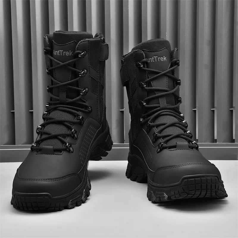 Botas de cano alto tamanho grande para homem, botas táticas militares de treinamento, impermeáveis e antiderrapantes para uso externo em montanhas e desertos.