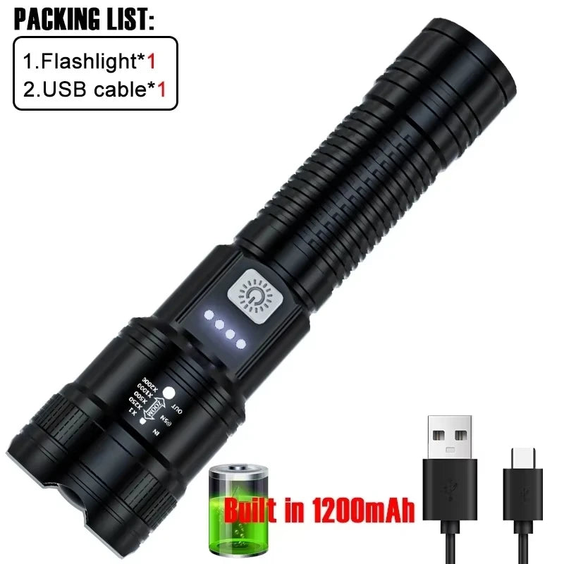 Lanterna LED de alta potência 2000LM, lanterna tática com visor, carregamento USB, para camping, pesca e emergências. Possui zoom.