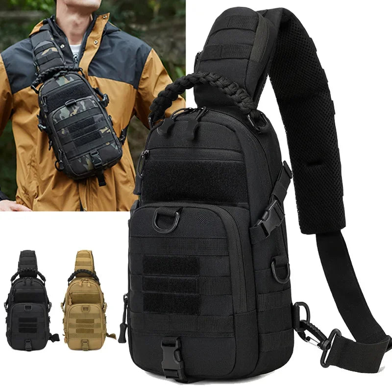 Mochila tática masculina para camping, ideal para esportes, caminhadas, escaladas, ciclismo, pesca e viagens. Possui sistema MOLLE e é perfeita para usar no ombro.