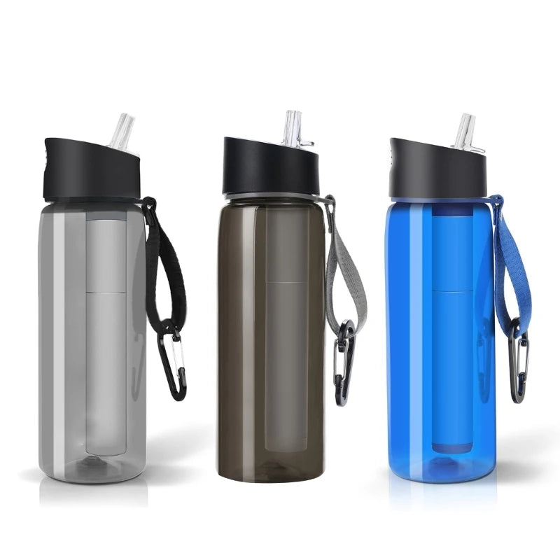 Garrafa de água de 650ml para camping, sobrevivência e emergências, com filtro de água. Purificador de água esportivo com filtro.