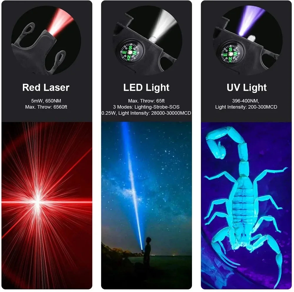 Pulseira tática de sobrevivência com laser, infravermelho, lanterna LED SOS, lâmpada UV, bússola, apito de resgate e kit de equipamentos de emergência.