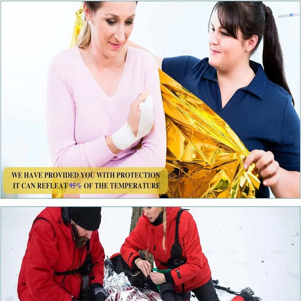 Cobertor de emergência para atividades ao ar livre, kit de primeiros socorros e resgate, à prova de vento, impermeável e com revestimento térmico de alumínio, ideal para camping e trilhas.