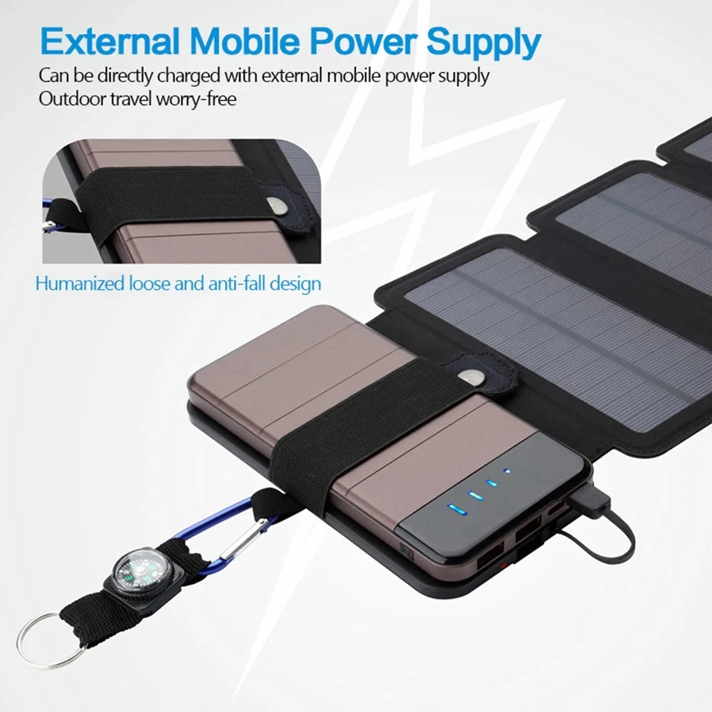 Carregador solar portátil dobrável para camping, trilhas, mochilão e viagens, ideal para carregar smartphones. Saída USB de 5V 2.4A.