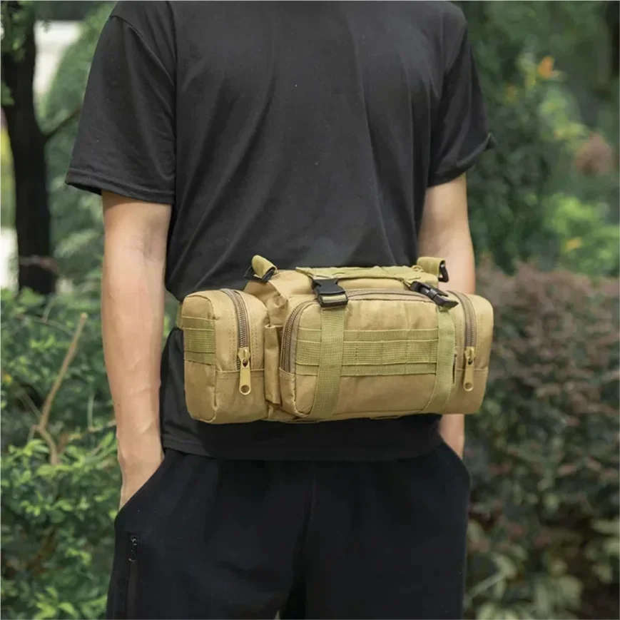 Mochila impermeável para montanhismo e atividades ao ar livre, em tecido Oxford 600D, ideal para camping, trilhas e pesca.