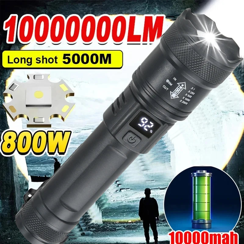 Lanterna LED de alta potência 2000LM, lanterna tática com visor, carregamento USB, para camping, pesca e emergências. Possui zoom.