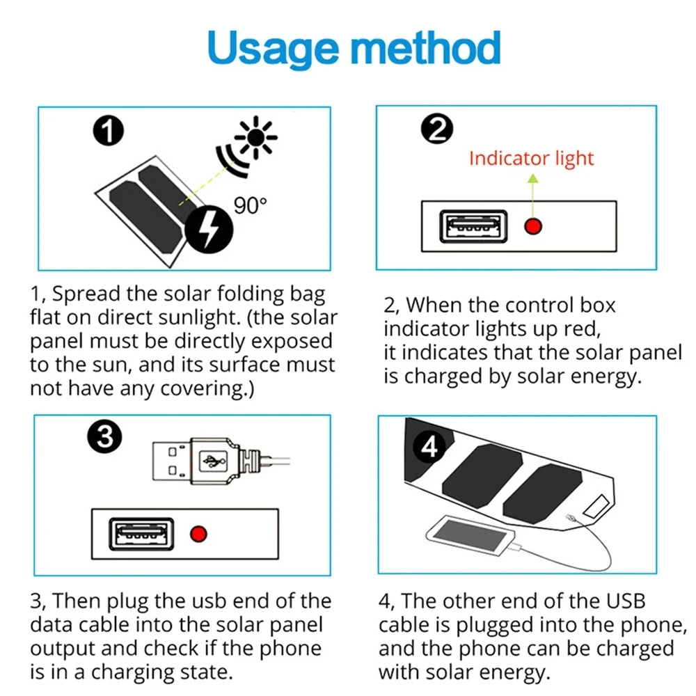 Carregador solar portátil dobrável para camping, trilhas, mochilão e viagens, ideal para carregar smartphones. Saída USB de 5V 2.4A.