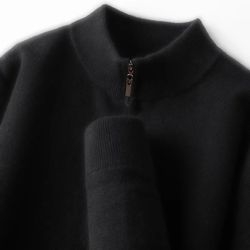 Suéter 100% lã merino australiana, 350g, gola alta grossa com zíper, térmico e respirável.