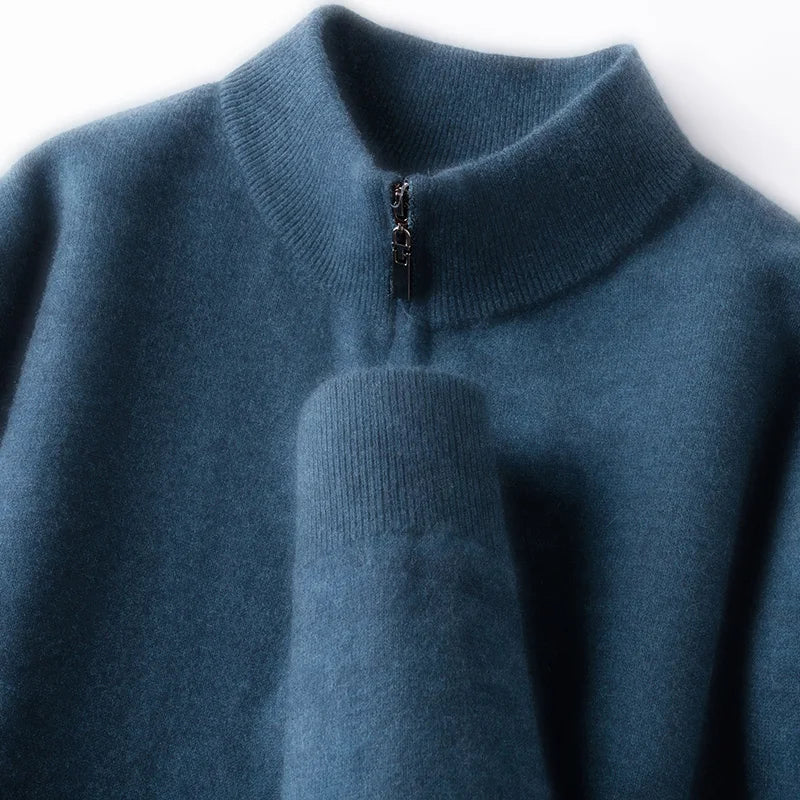 Suéter 100% lã merino australiana, 350g, gola alta grossa com zíper, térmico e respirável.