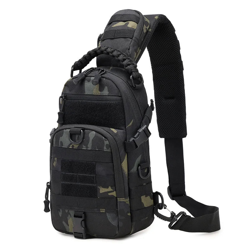 Mochila tática masculina para camping, ideal para esportes, caminhadas, escaladas, ciclismo, pesca e viagens. Possui sistema MOLLE e é perfeita para usar no ombro.