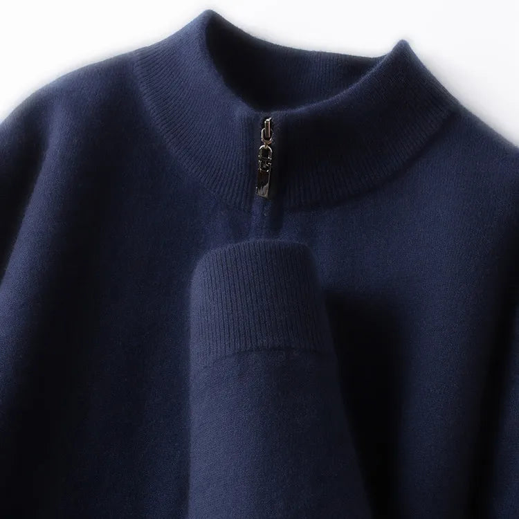 Suéter 100% lã merino australiana, 350g, gola alta grossa com zíper, térmico e respirável.