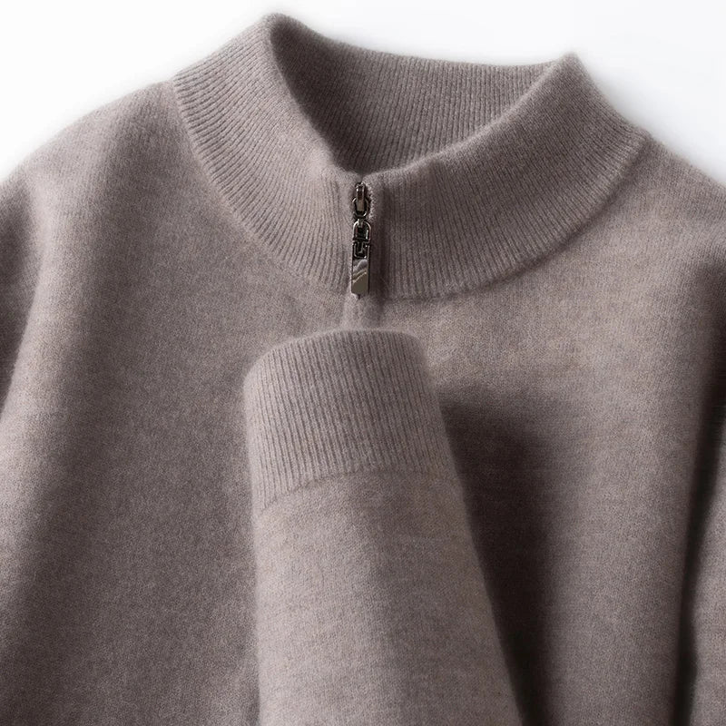 Suéter 100% lã merino australiana, 350g, gola alta grossa com zíper, térmico e respirável.