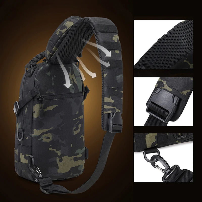 Mochila tática masculina para camping, ideal para esportes, caminhadas, escaladas, ciclismo, pesca e viagens. Possui sistema MOLLE e é perfeita para usar no ombro.