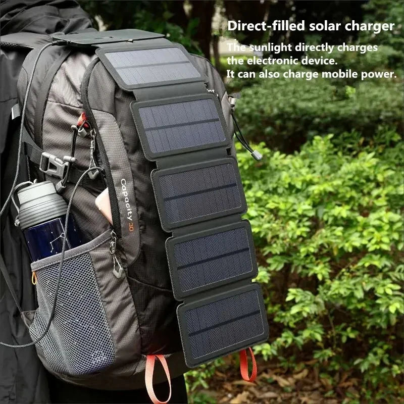 Carregador solar portátil dobrável para camping, trilhas, mochilão e viagens, ideal para carregar smartphones. Saída USB de 5V 2.4A.