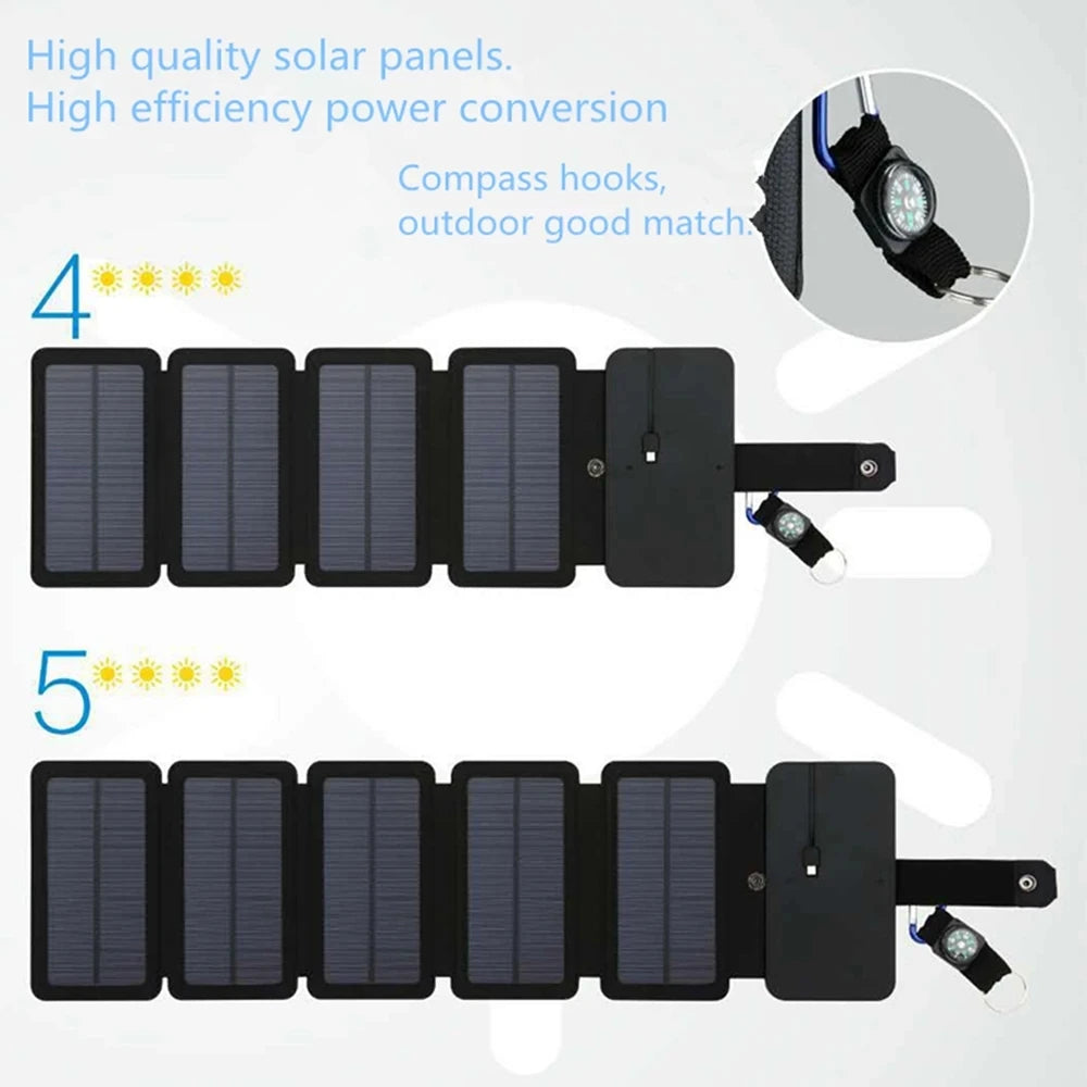 Carregador solar portátil dobrável para camping, trilhas, mochilão e viagens, ideal para carregar smartphones. Saída USB de 5V 2.4A.