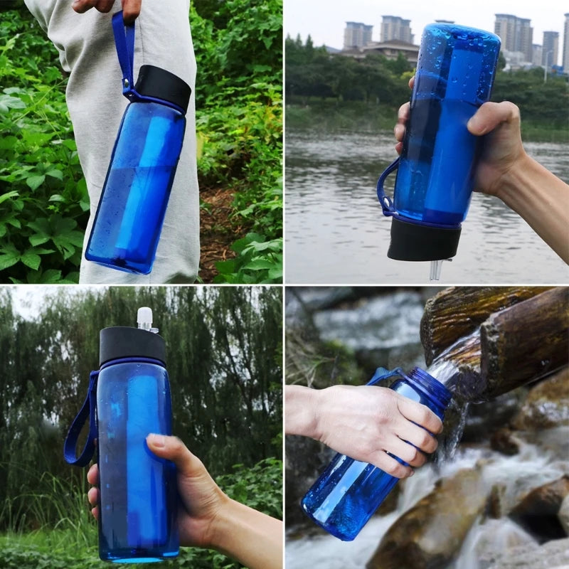 Garrafa de água de 650ml para camping, sobrevivência e emergências, com filtro de água. Purificador de água esportivo com filtro.