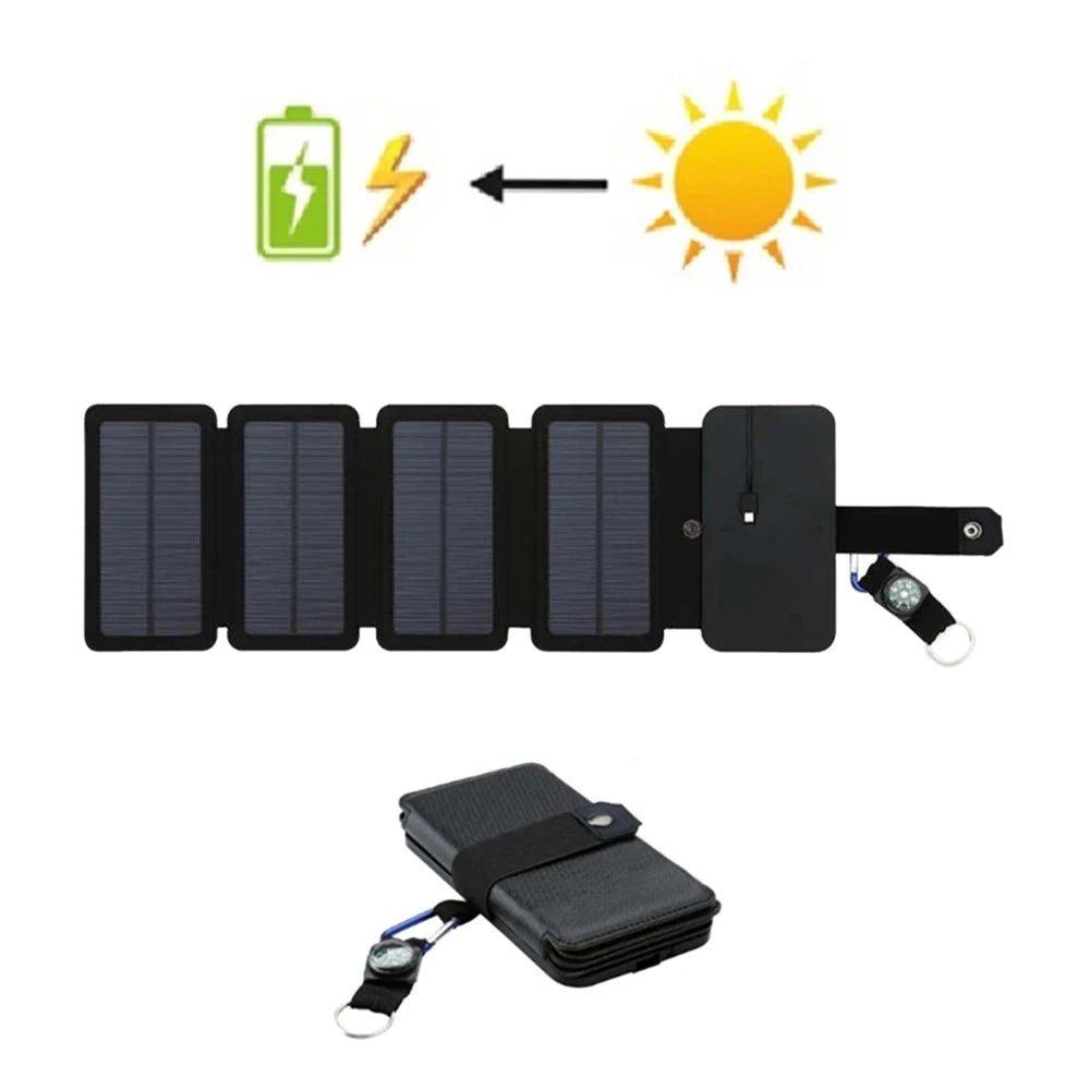 Carregador solar portátil dobrável para camping, trilhas, mochilão e viagens, ideal para carregar smartphones. Saída USB de 5V 2.4A.
