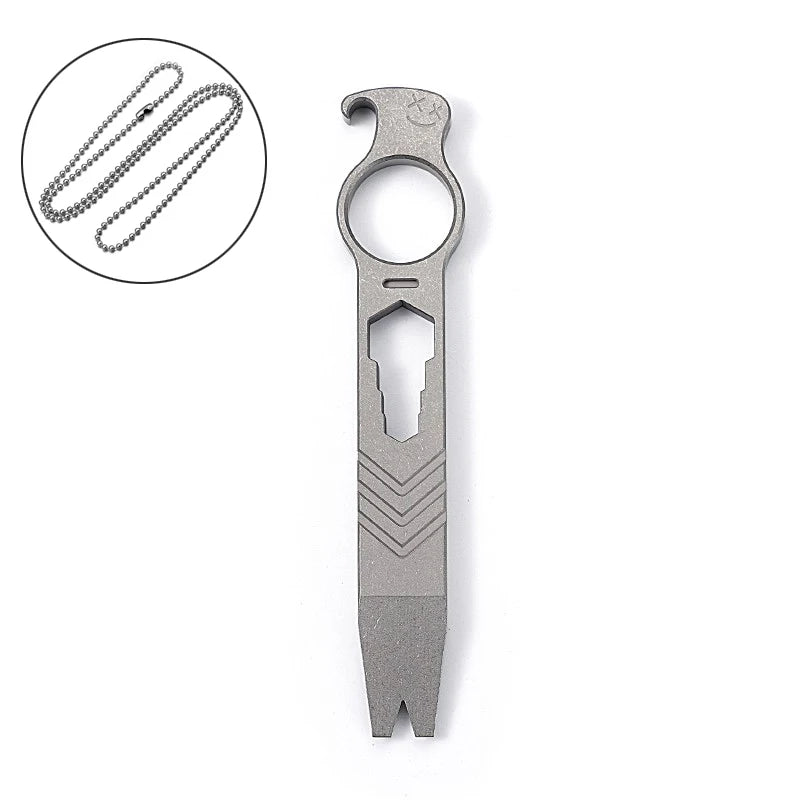 Pé de cabra multifuncional em liga de titânio com corrente para o pescoço, abridor de garrafas, chave inglesa, ferramenta de sobrevivência para atividades ao ar livre, equipamento EDC para camping, presente para homens.