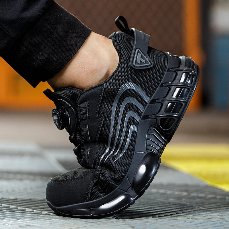 Sapatos de segurança masculinos com fecho rotativo, resistentes a impactos e perfurações, calçados esportivos modernos e profissionais de segurança.
