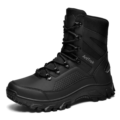 Botas de cano alto tamanho grande para homem, botas táticas militares de treinamento, impermeáveis e antiderrapantes para uso externo em montanhas e desertos.